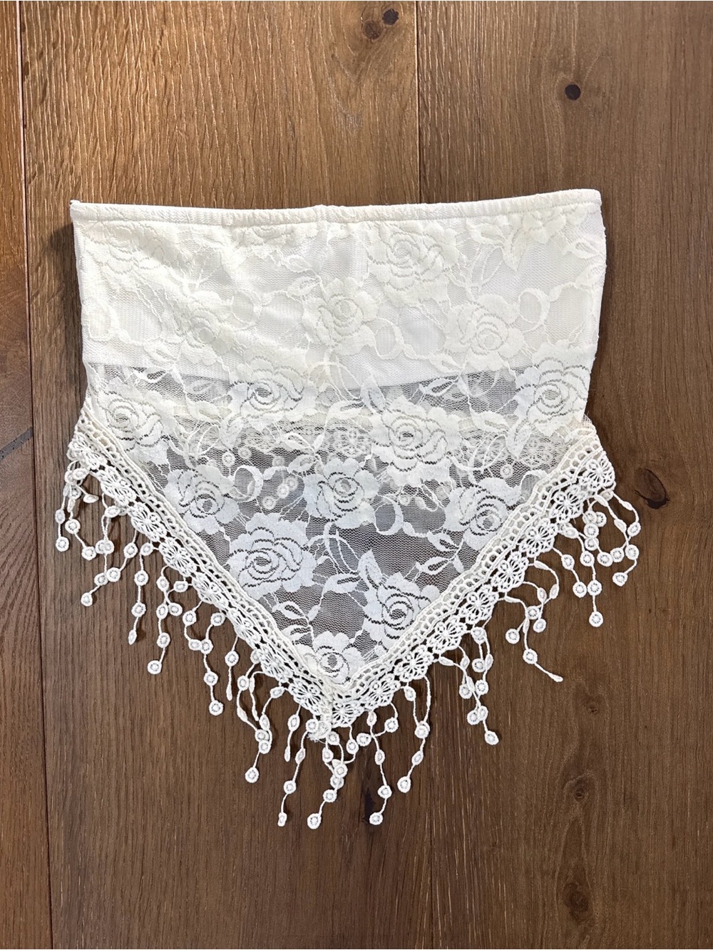 Edikted White Lace Triangle Bandana with Beaded Fringe India Sheer Lace Straples